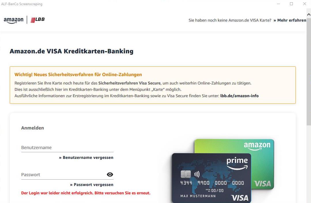 Wenn ich vorher auf Login geklickt habe erscheint diese Seite. Hier werden von Alf-Banco dann auch automatisch die Login-Daten eingegeben.